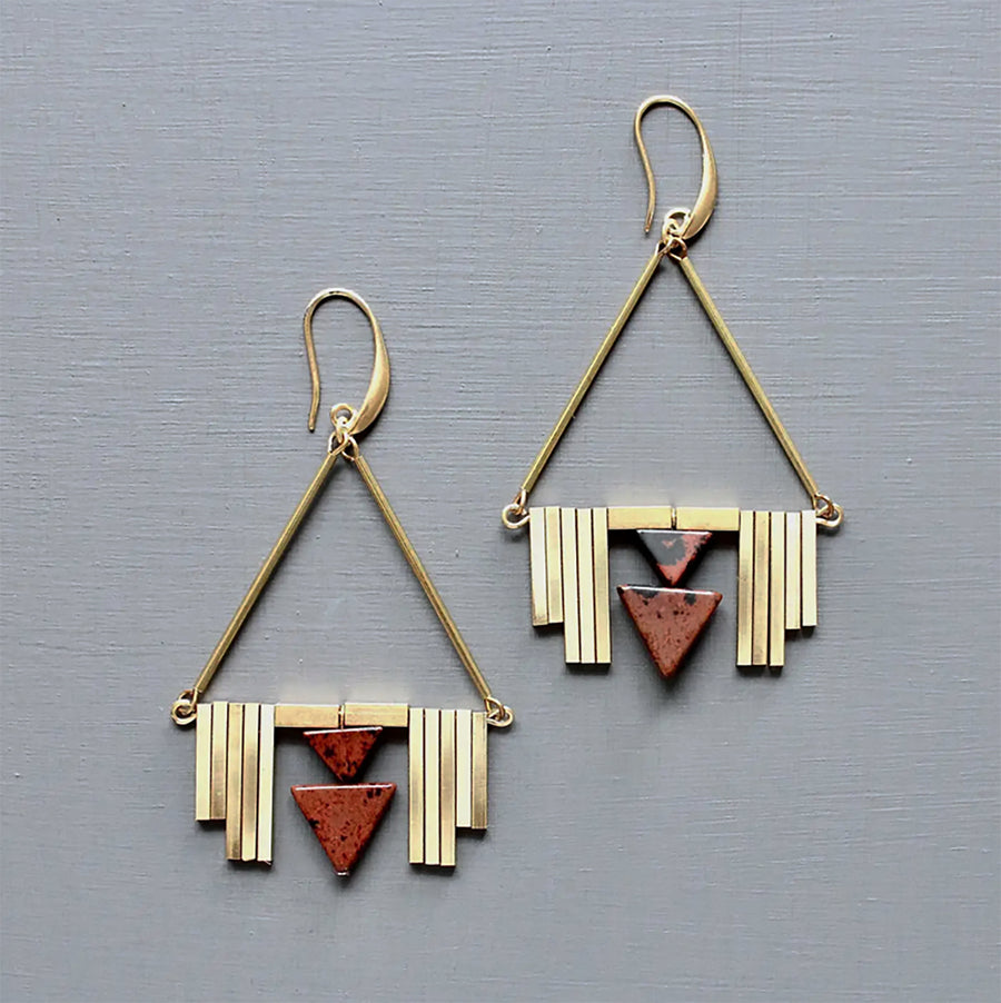 David Aubrey Brass Burgundy Stone Earrings