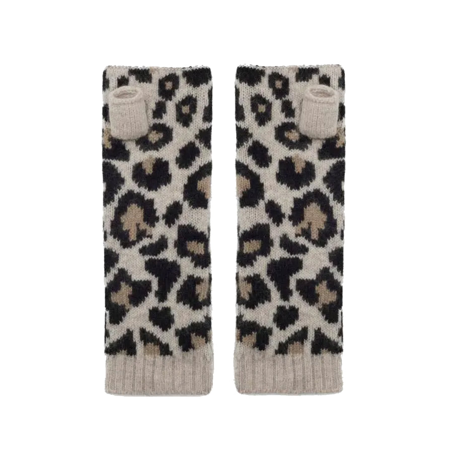 Cashmere Knitted Wrist Warmers Leopard Black/Camel